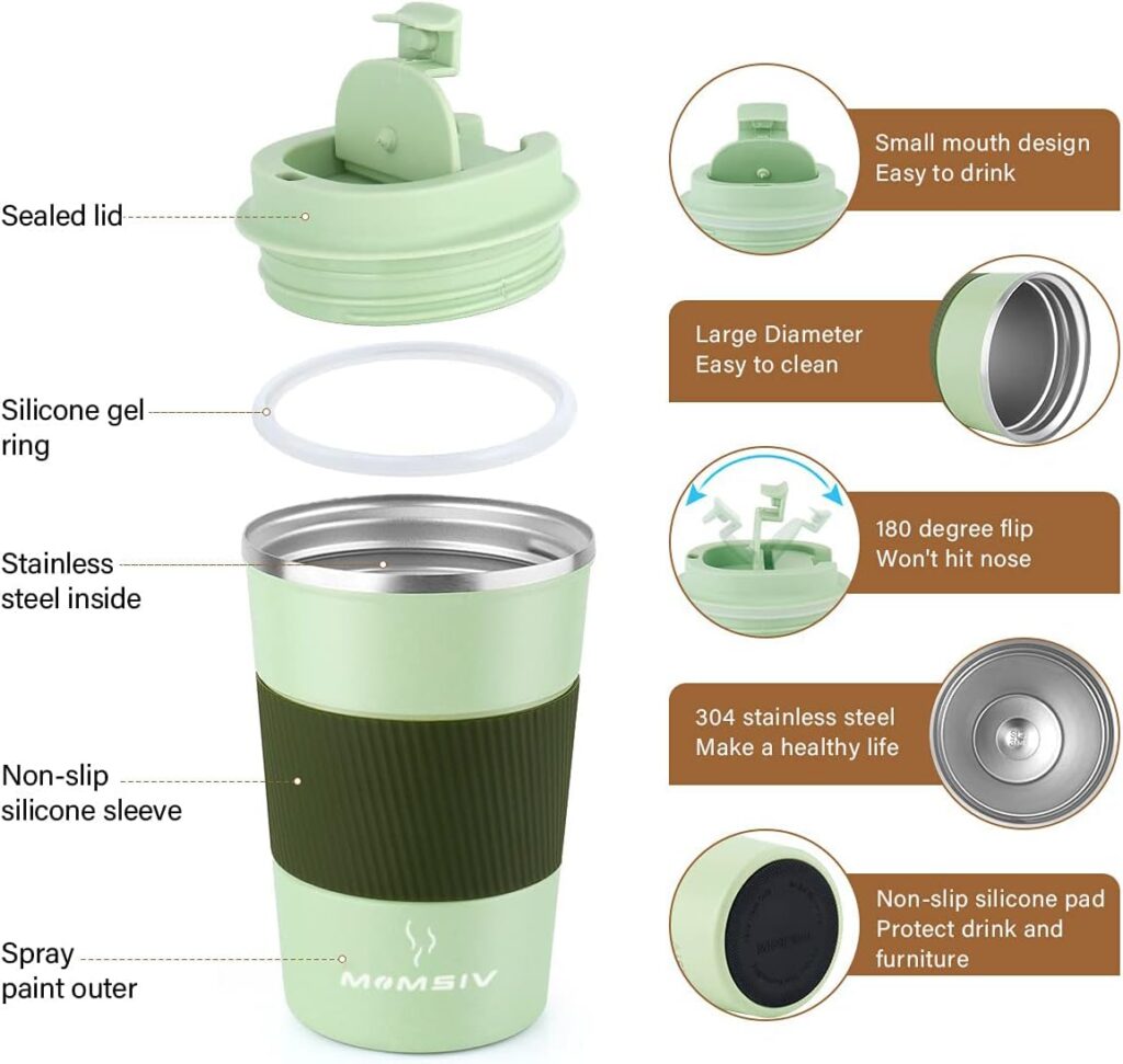 12oz Travel Mug, MOMSIV Insulated Coffee Cup with Leakproof Lid, Vacuum Stainless Steel Double Walled Reusable Tumbler for Hot and Cold Water Coffee and Tea In Travel and Car (Green-380ml)