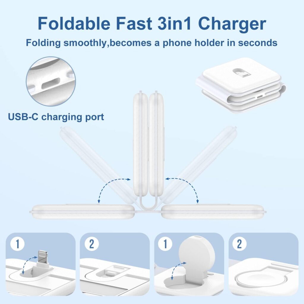 3 in 1 Charging Station for Apple Foldable, iWatch Travel Charger Stand for Multiple Devices, Folding Portable Fast Charge Dock for iPhone 14 Pro Max/13/12/11, Apple Watch 8/7/6/Ultra/SE/5, AirPods