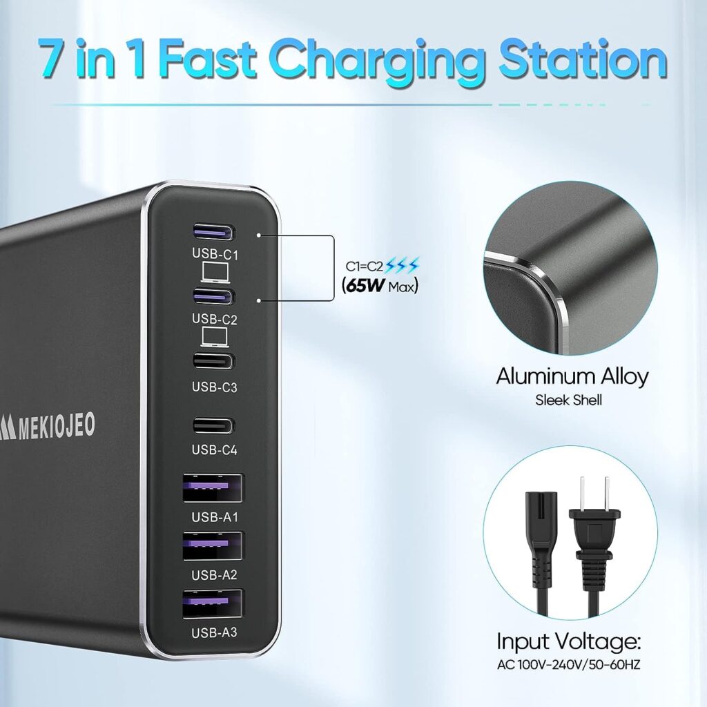 Aluminum Alloy USB C Charger 200W 7 Port Fast Charging Station,65W USB C Laptop GaN Charger Compatible with MacBook Pro/Air (Black)