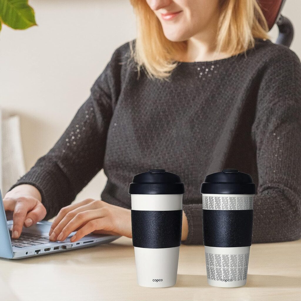 Copco 5237160 Reusable Set of 2 Insulated Double Wall Travel Mugs 16-ounce White/Black