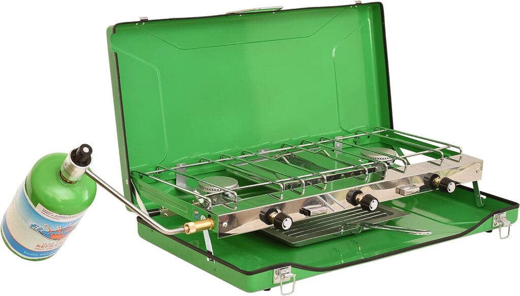 Flame King YSNBBQ-136M 3-Burner Portable Camping Stove Grill w/Toast Tray, Great for Outdoor Cooking, Backpacking, Compatible with 1LB Propane Gas Bottle