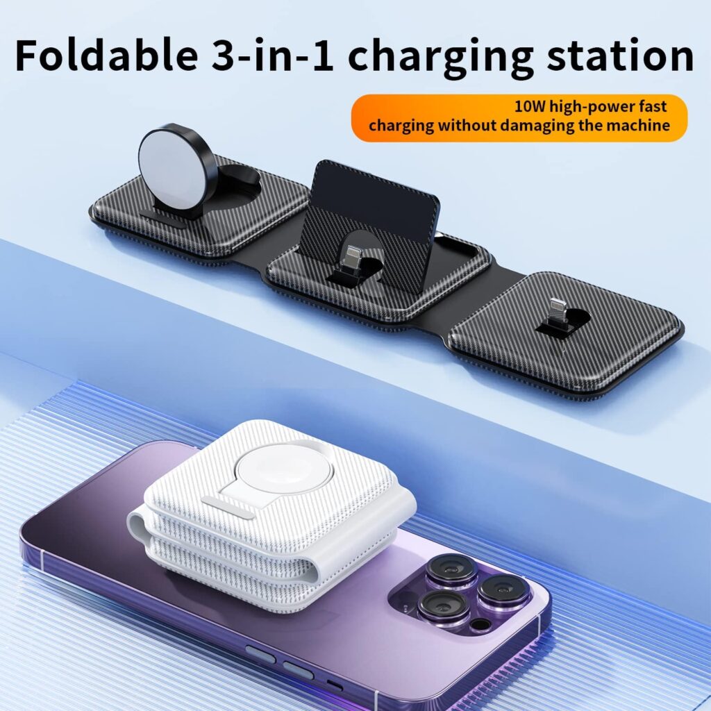 Foldable 3 in 1 Charging Station, Kartice Travel Charger Dock Stand for iPhone Multiple Devices iPhone Series 14 Pro Max/13/12/11/X/8 Plus/7/6,Airpods,Apple Watch 8/Ultra/7/6/SE/5/4/3/2 Charging Pad