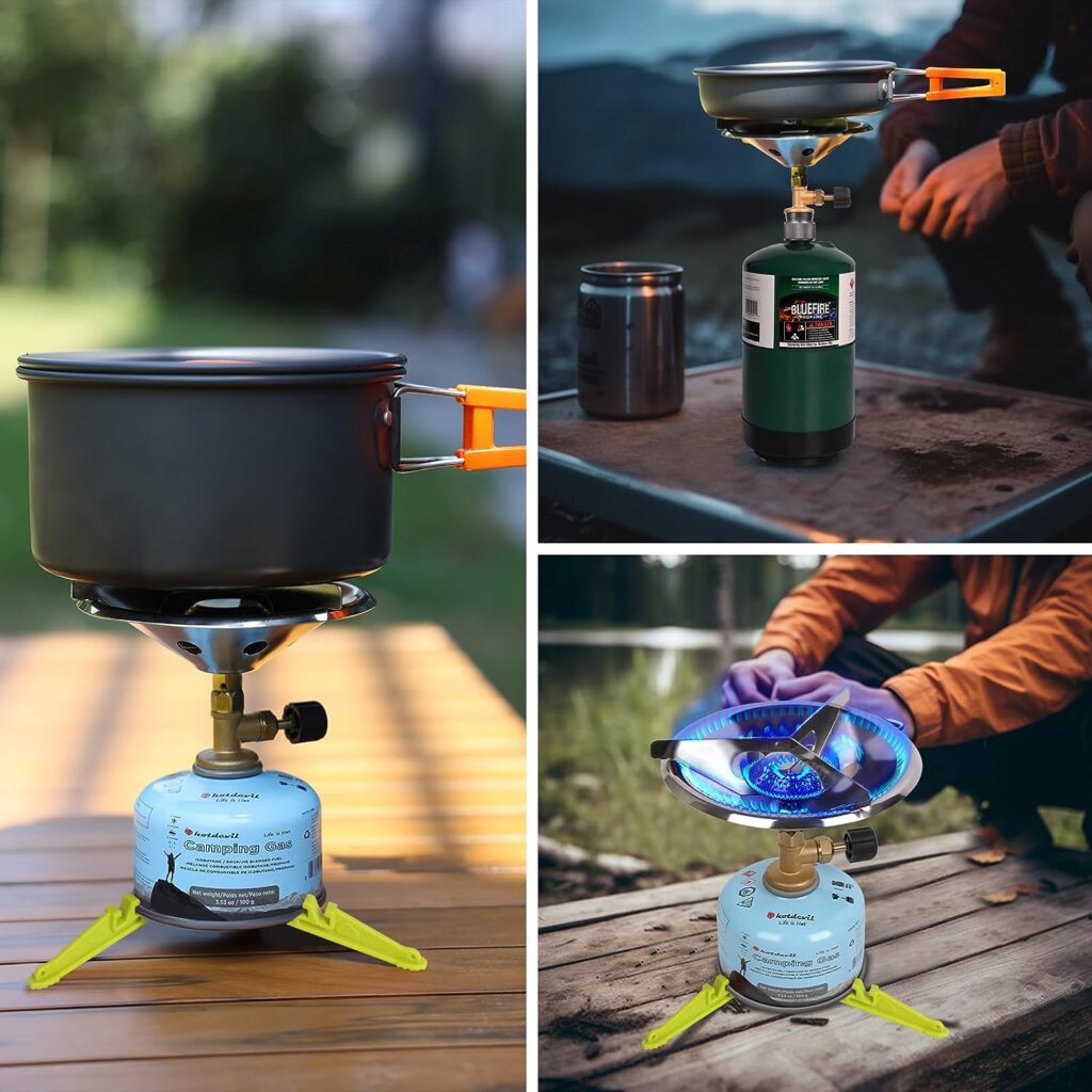 Hotdevil Portable Camping Stove Burner With Fuel Can Canister Stand Single Burner Bottletop Propane Butane Gas Backpack Gear Stove with Adjustable Burner  Stand Base for Camping, Picnic, Hiking