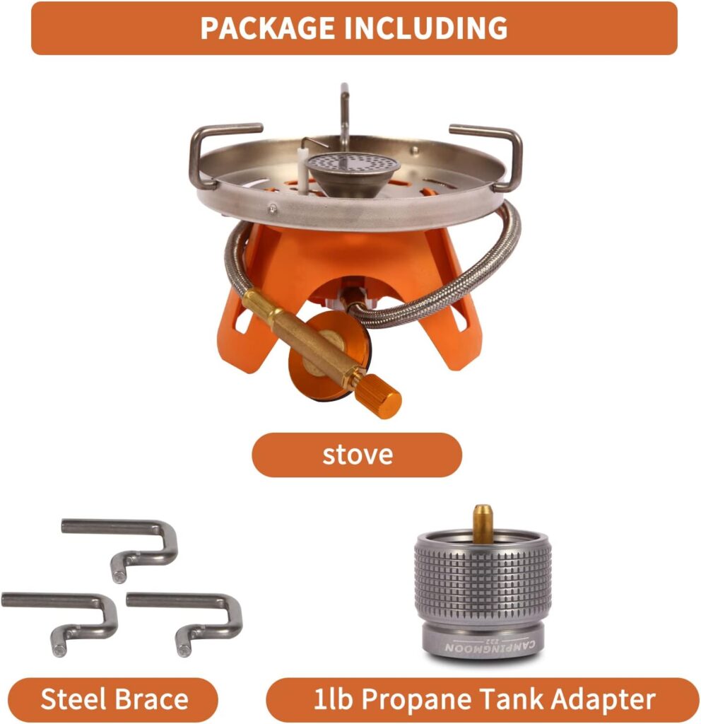 KOMAN Portable Camping Stove, Backpacking Stove with Piezo Ignition,Butane Stove with Hose, Outdoor Windproof Camp Cooking Stove with Adjustable Burner for Traveling,Hiking (canister not include)