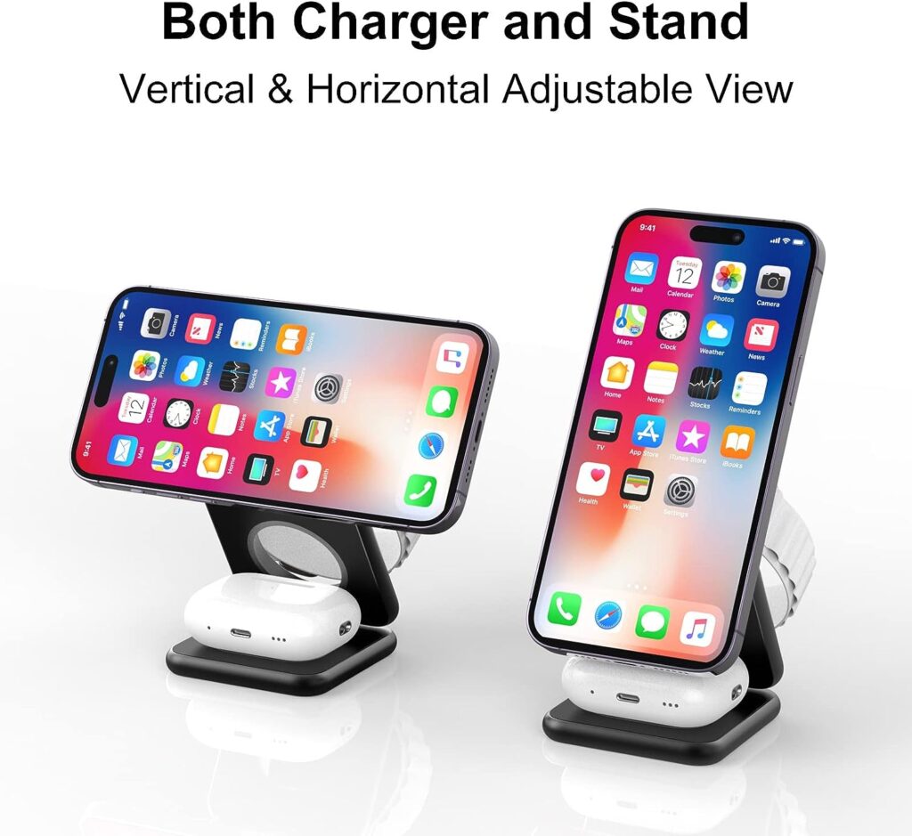 KU XIU X40 Magnetic Wireless Charger, 3 in 1 Charging Station for Apple Devices, Foldable Portable 15W Fast Charging Stand for iPhone, Apple Watch, Airpods and Qi-Enabled Android Samsung Phone Watch