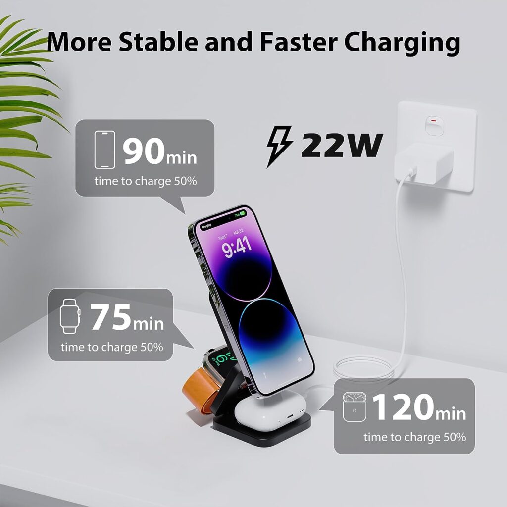 KU XIU X55 Fast Wireless Charger, Magnetic Foldable 3 in 1 Charging Station for iPhone 14/13/12/11/Pro/X/Max/XS/XR/8/Plus, 5W Portable Charger for Apple Watch7/6/5/4/3/2/SE, for Airpods3/2/Pro (Black)
