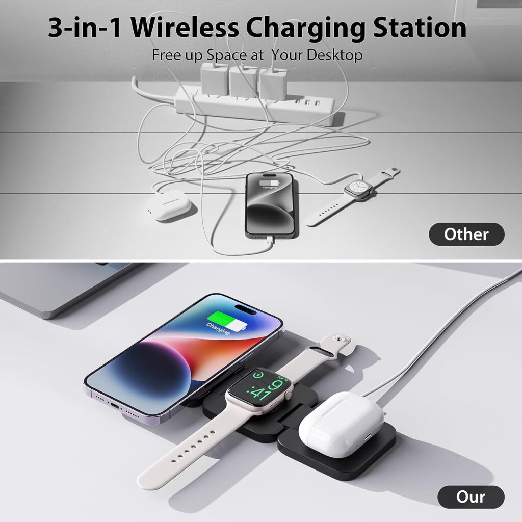 KU XIU X55 Fast Wireless Charger, Magnetic Foldable 3 in 1 Charging Station for iPhone 14/13/12/11/Pro/X/Max/XS/XR/8/Plus, 5W Portable Charger for Apple Watch7/6/5/4/3/2/SE, for Airpods3/2/Pro (Black)