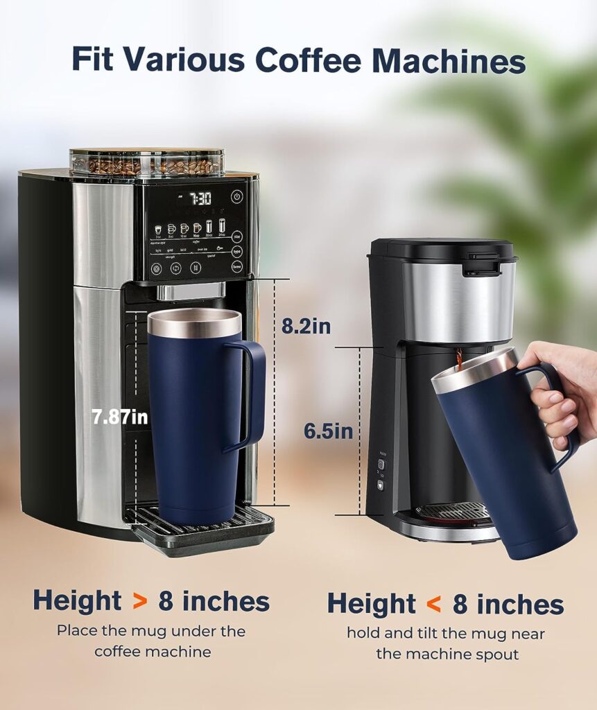 LyriFine Travel Mug with Handle, 24oz Insulated Coffee Mug with Lid, Travel Mugs for Hot and Cold Double-Wall Vacuum Stainless Steel  Sliding Lid for Daily Life, Travel, Office, Blue