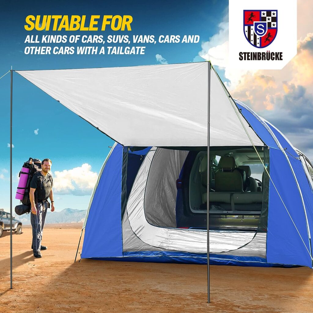 Universal SUV Camping Tent with Large Awning, Waterproof Car Tent, Up to 4-Person Sleeping Capacity Camping Accessories, Easy Setup for Backpacking Traveling Hiking Outdoors