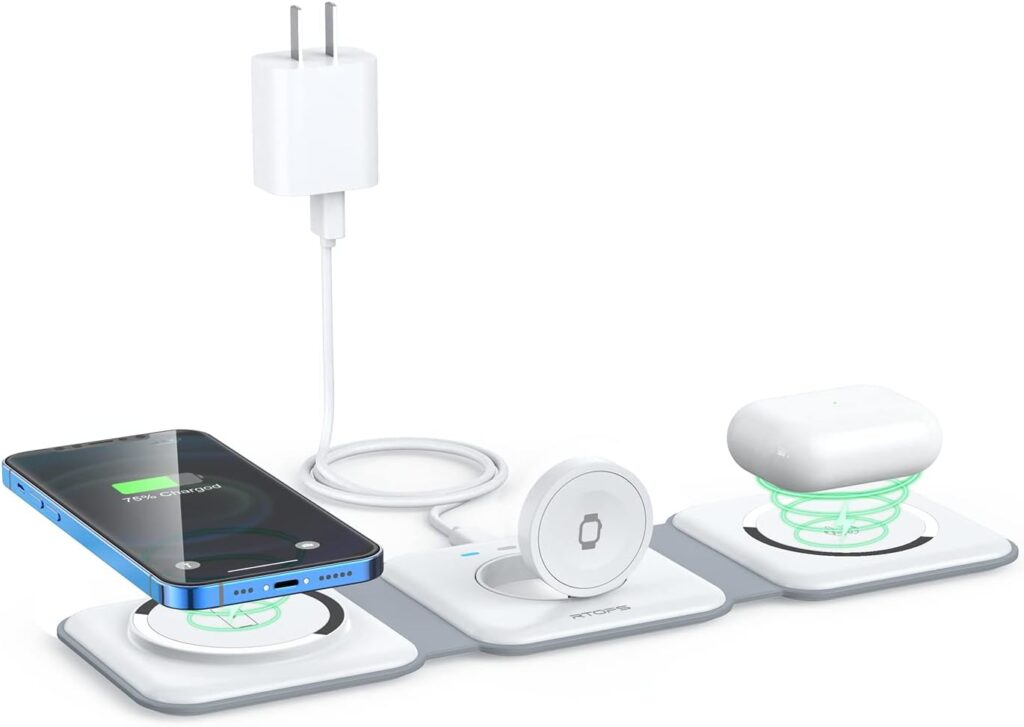 Wireless Charger 3 in 1,RTOPS Magnetic Travel Wireless Charging Station Multiple Devices,GaN 3 in 1 Charging Station,Compatible for iPhone 14/13/12/Pro/Max,iWatch,AirPods 3/2/Pro(Adapter Includes)